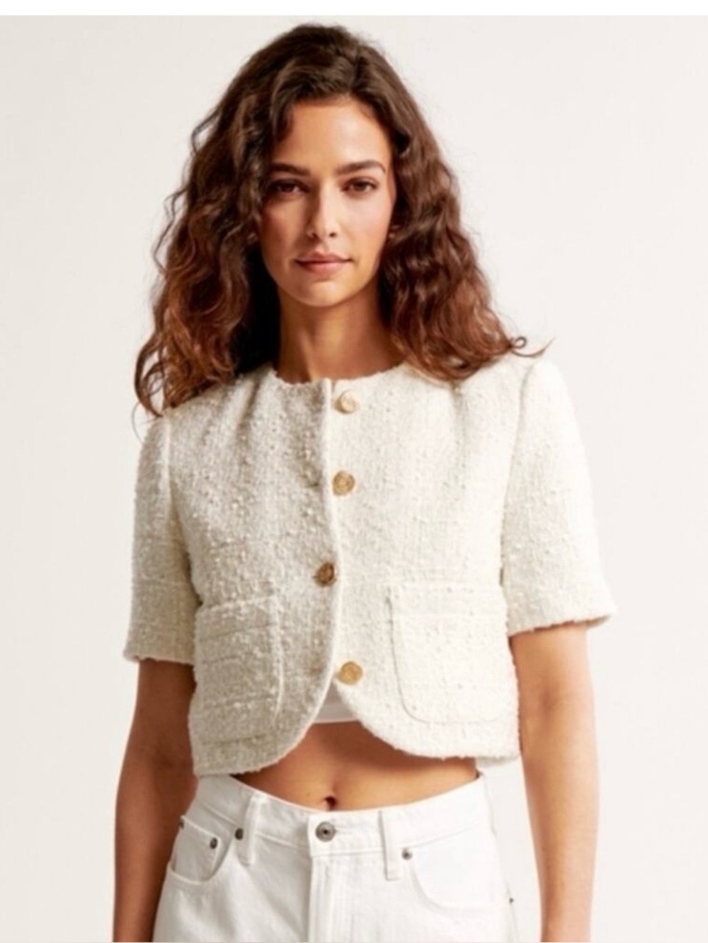 Abercrombie & Fitch Short Sleeve Tweed Blazer in Light cream